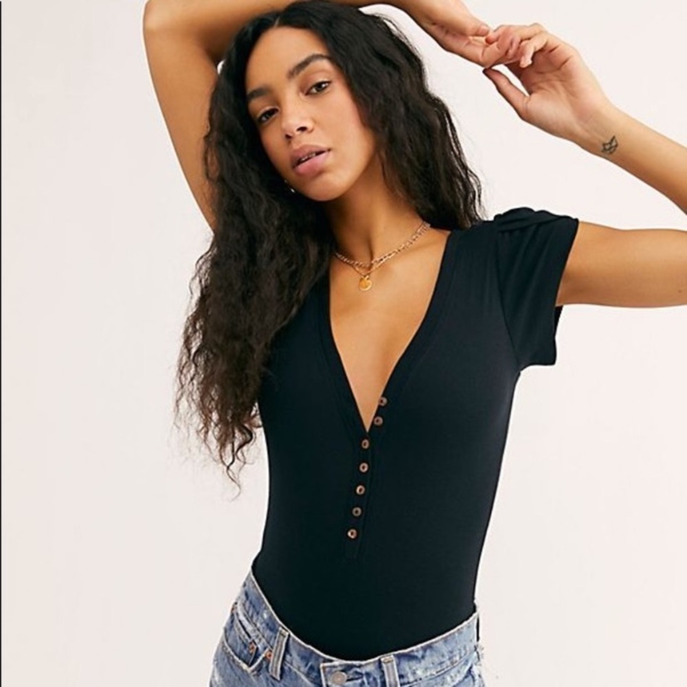 Free People Mia V-Neck Split Puff Sleeve Bodysuit